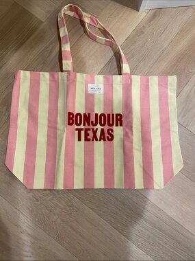 NWT Sezane Pink and Cream Striped 'Bonjour Texas' Canvas Tote